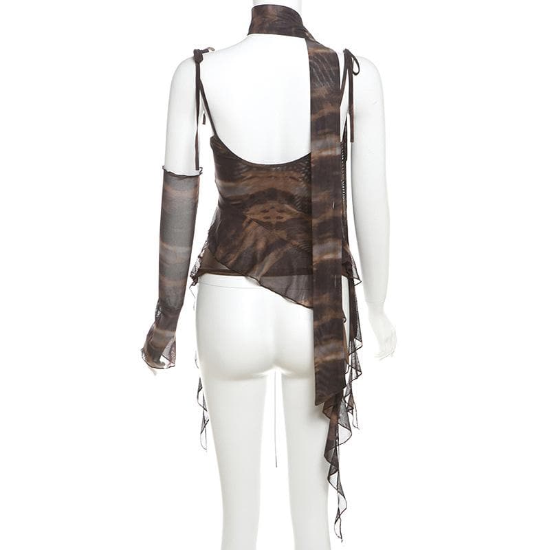 Glove tie dye sheer mesh patchwork ruffle top