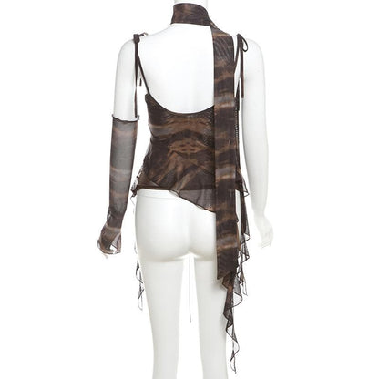 Glove tie dye sheer mesh patchwork ruffle top