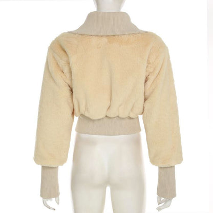 Turnover collar long sleeve button fluffy coat top