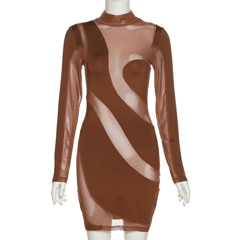 Mesh Panel Abstract Wave Print Mock Neck Long Sleeve Bodycon Mini Dress