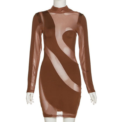 Mesh Panel Abstract Wave Print Mock Neck Long Sleeve Bodycon Mini Dress