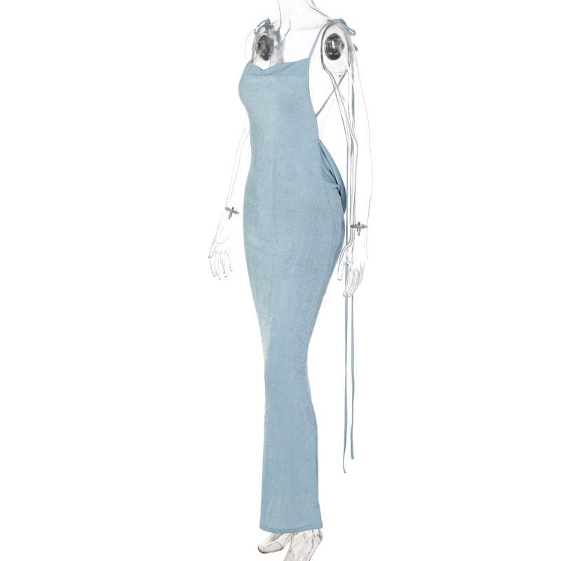 Cowl neck backless self tie solid ruched maxi dress