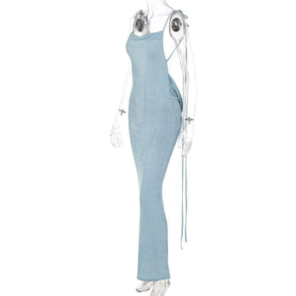 Cowl neck backless self tie solid ruched maxi dress