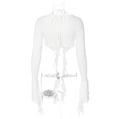Halter self tie v neck flared sleeve button ruffle crop top