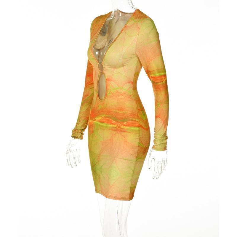 Long Sleeve Deep V Neck Ring Detail Keyhole Cutout Print Bodycon Mini Dress