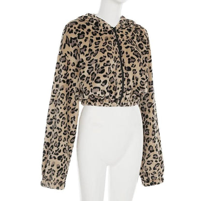 Hoodie long sleeve leopard print zip-up coat top