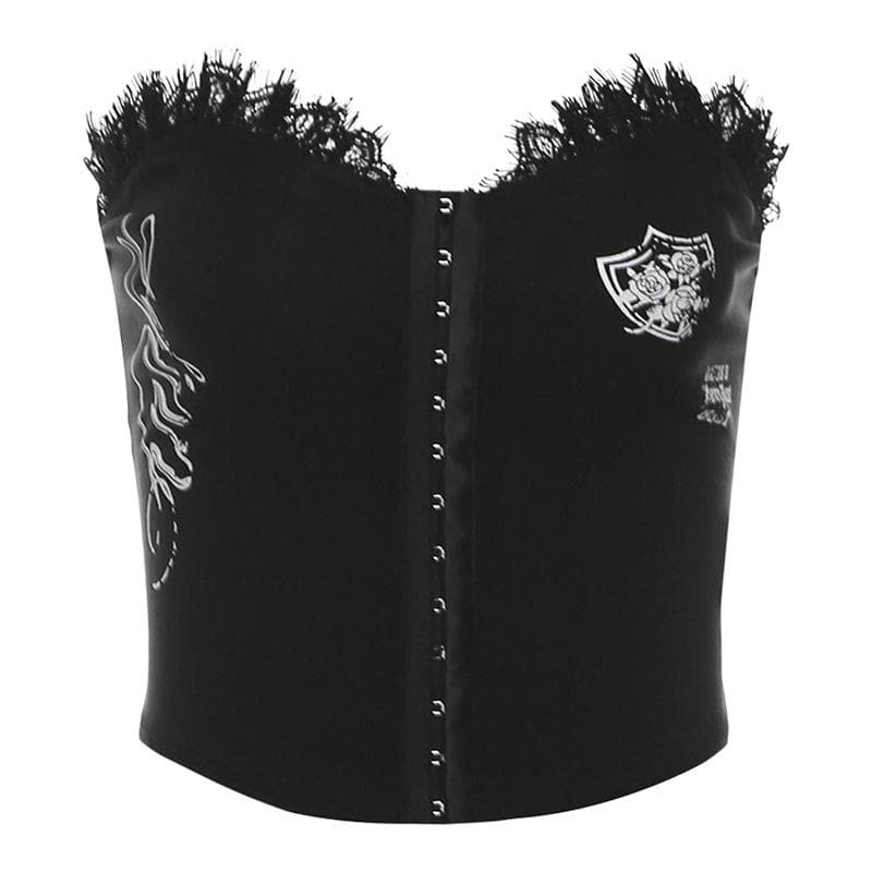 Lace hem button print tube backless solid top