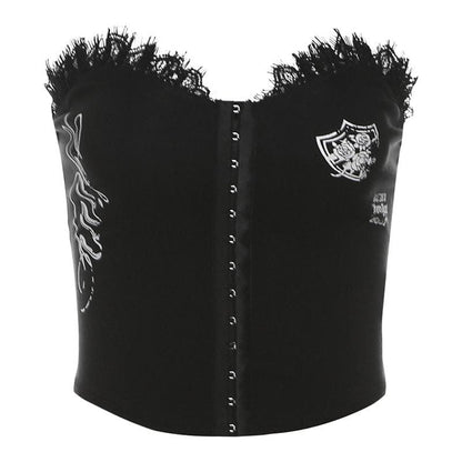 Lace hem button print tube backless solid top