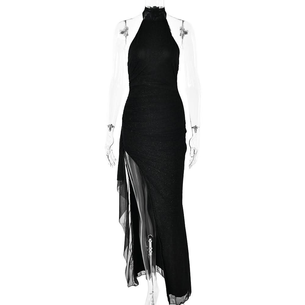 Halter self tie irregular backless slit maxi dress