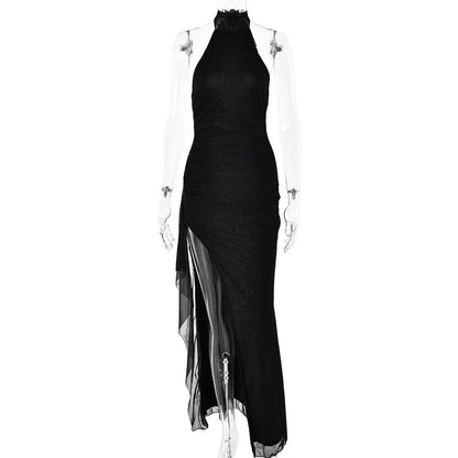Halter self tie irregular backless slit maxi dress