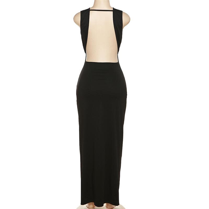 Wide Strap Side Cutout Back Tie Backless Maxi Dress