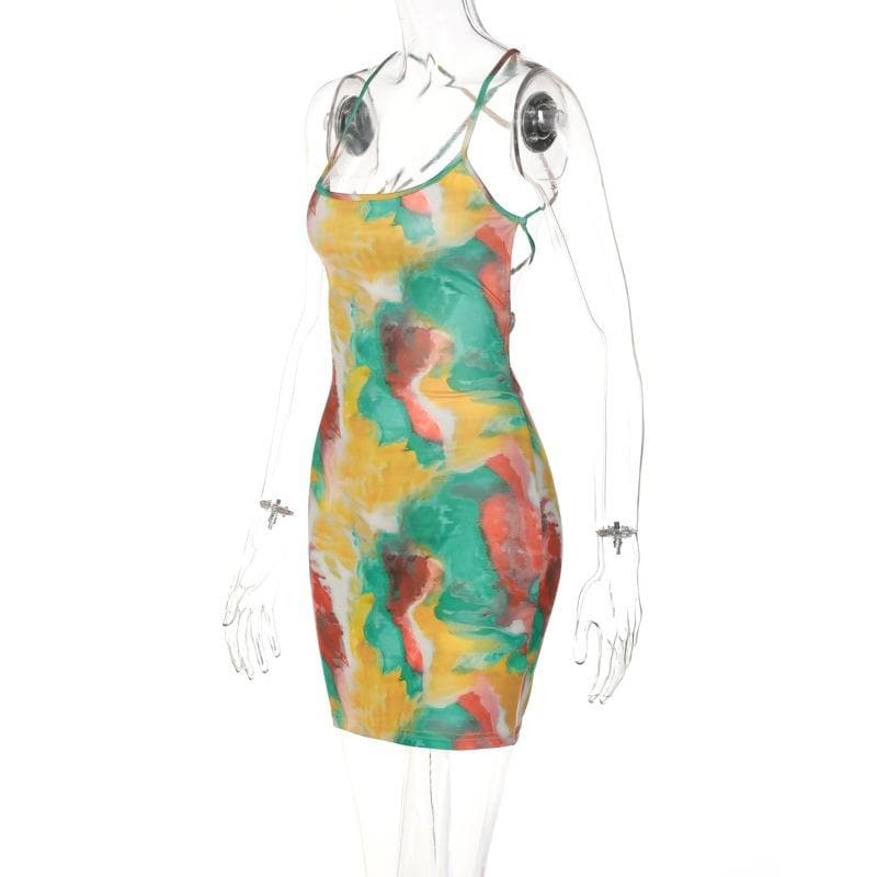 Tie dye lace up backless cami mini dress