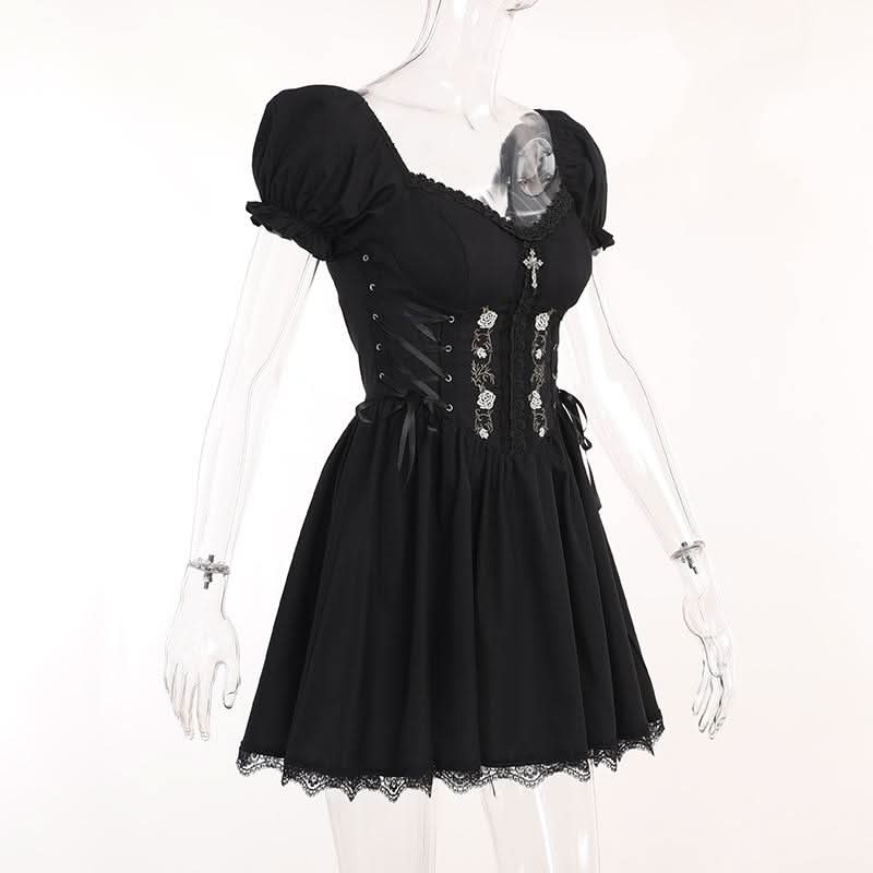 Puff sleeve short sleeve embroidery mini dress