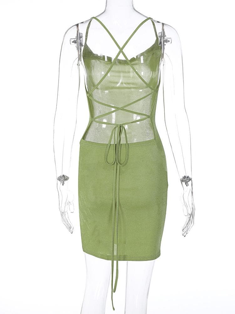 Cowl Neck Spaghetti Strap Side Slit Backless Bodycon Mini Dress