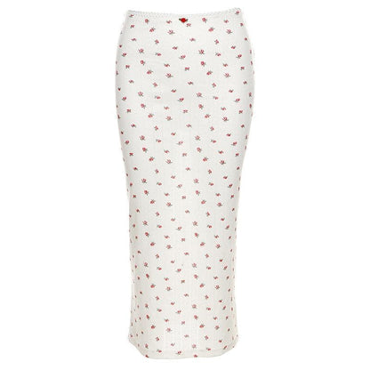 Flower print u neck sleeveless low rise lace hem midi skirt set