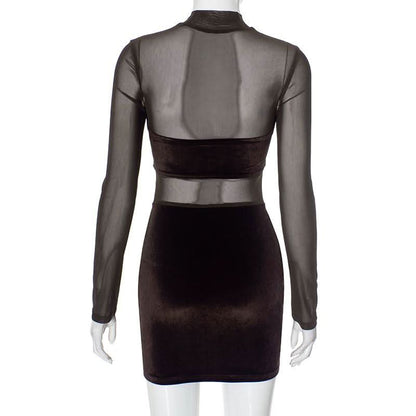 Long sleeve mesh high neck velvet ruched mini dress