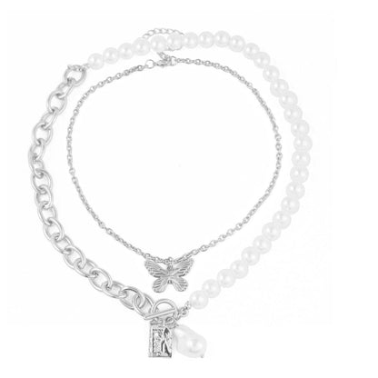 Butterfly faux pearl beaded chain 2 pcs pendant necklace