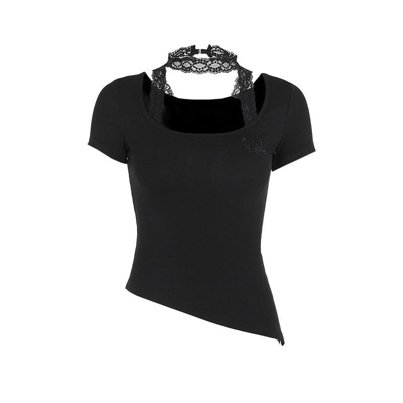 Short sleeve u neck halter lace irregular top