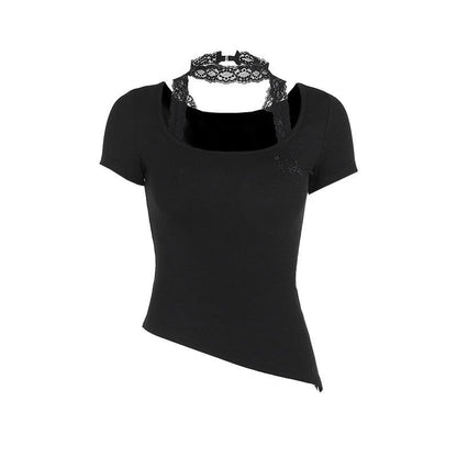 Short sleeve u neck halter lace irregular top