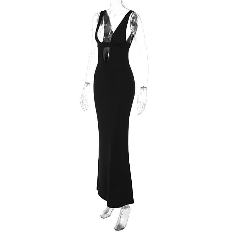 Sleeveless low cut hollow out solid backless cut out maxi dress-final-sale