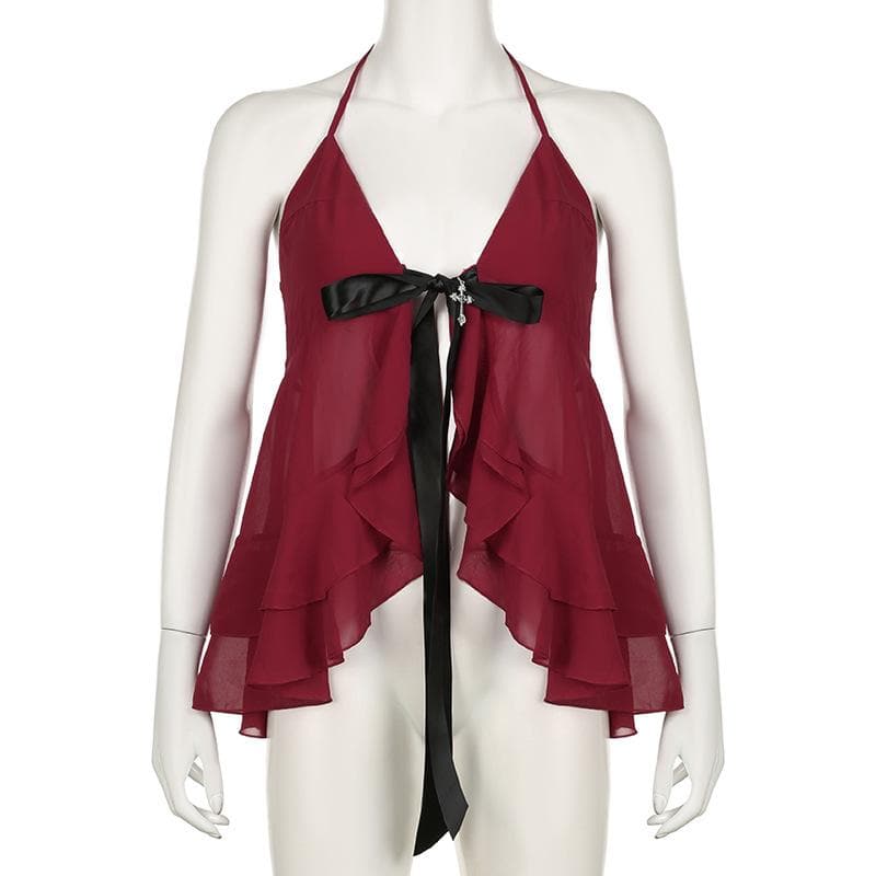Halter cross applique bowknot mesh ruffle top