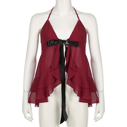 Halter cross applique bowknot mesh ruffle top