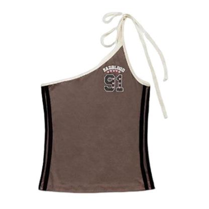 One shoulder irregular self tie “91” pattern contrast top