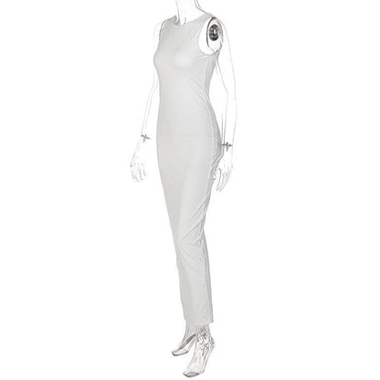 Sleeveless round neck solid backless slit midi dress