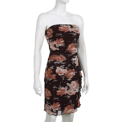 Mesh flower print contrast ruched ruffle backless tube mini dress