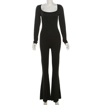 Long sleeve u neck backless self tie solid jumpsuit-final-sale