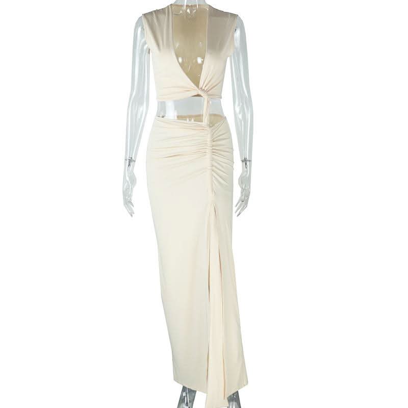 Irregular ruched slit hollow out v neck cut out maxi dress