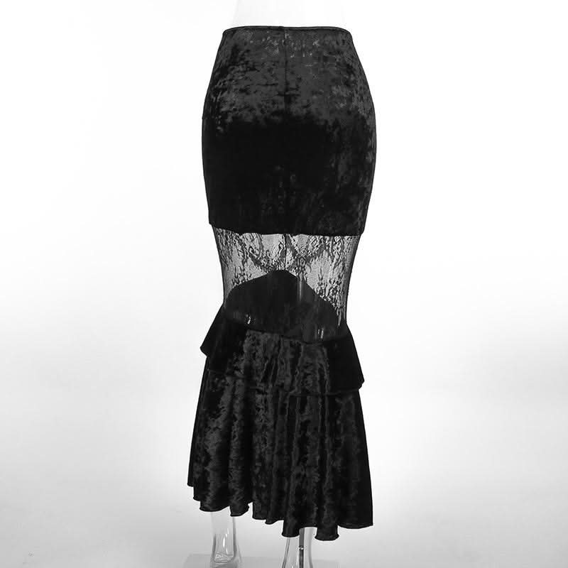 Velvet lace patchwork ruched ruffle maxi skirt