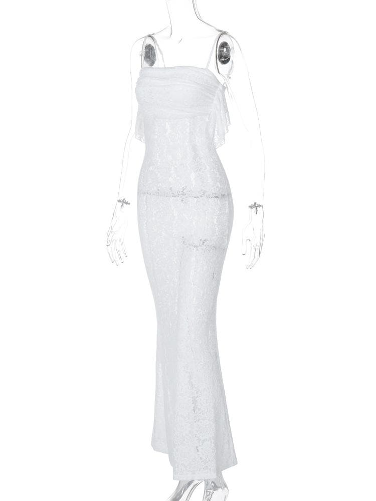 Lace ruched ruffle see through zip-up cami maxi dress