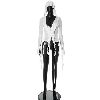 Hoodie long sleeve tassels self tie top