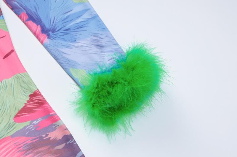 Feather crewneck contrast print long sleeve mini dress