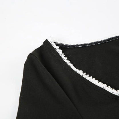 Long sleeve lace hem bowknot round neck top