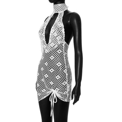 Halter knitted fishnet see through irregular mini dress