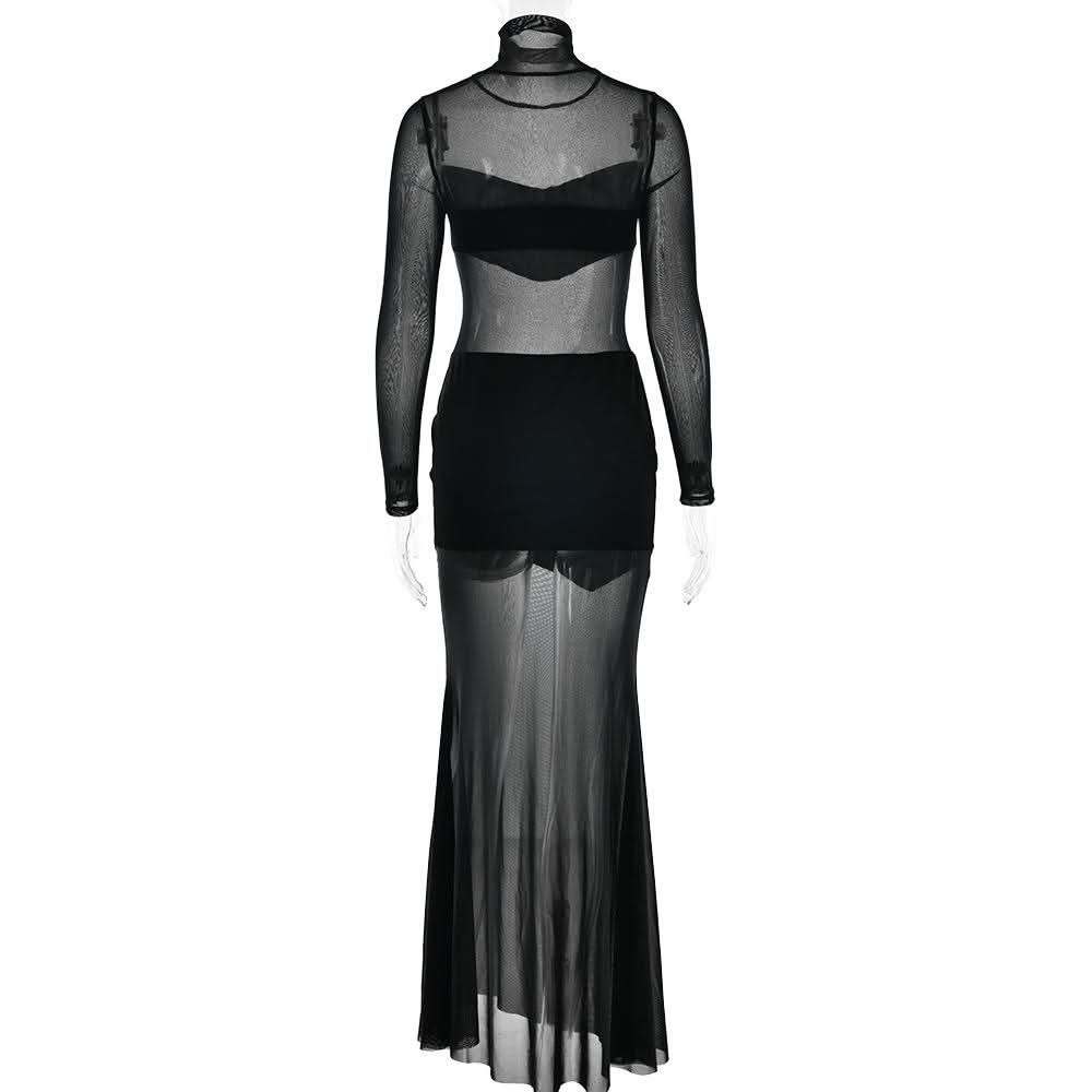 High neck long sleeve mesh patchwork velvet maxi dress
