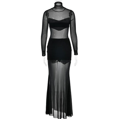 High neck long sleeve mesh patchwork velvet maxi dress