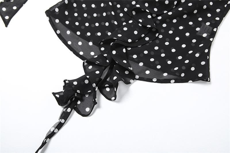 Halter polka dot ruffle chiffon 2 piece see through top