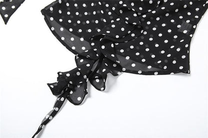 Halter polka dot ruffle chiffon 2 piece see through top