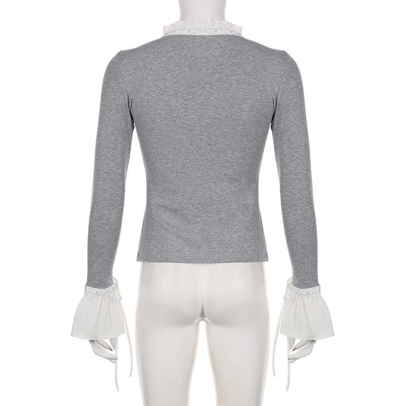 Flared sleeve ruffle patchwork long sleeve contrast top