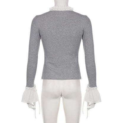 Flared sleeve ruffle patchwork long sleeve contrast top