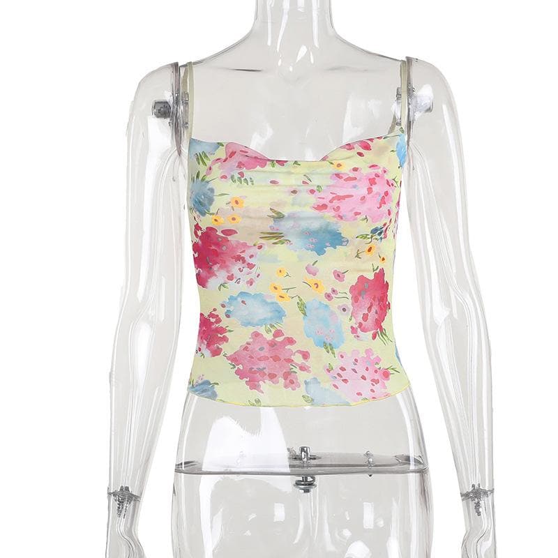 Cowl neck flower print sheer mesh cami top