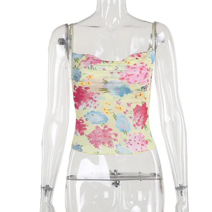 Cowl neck flower print sheer mesh cami top