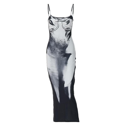 Square neck contrast print backless slit cami maxi dress-final-sale