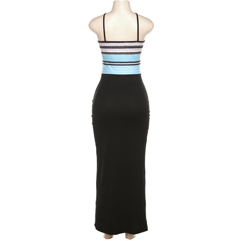 Halter Spaghetti Strap Chevron Print Contrast Bodice Bodycon Maxi Dress