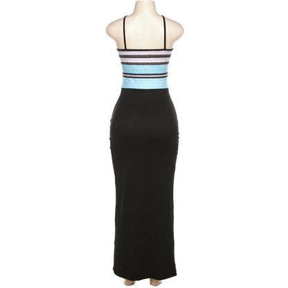 Halter Spaghetti Strap Chevron Print Contrast Bodice Bodycon Maxi Dress