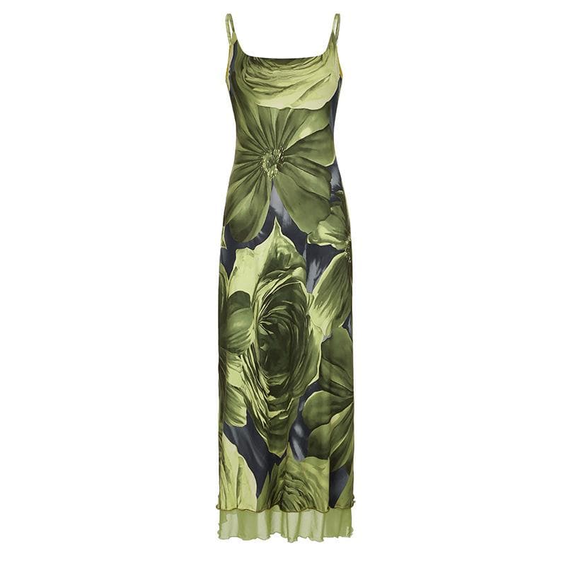 U neck flower print mesh cami maxi dress