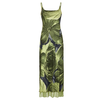 U neck flower print mesh cami maxi dress